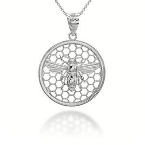 925 Sterling Silver Queen Bee Honey Comb Pendant Necklace